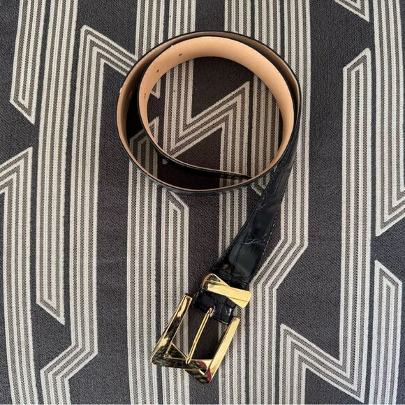 VTG Donna Katz Black Leather Croc Gold Buckle Belt Size L - Picture 3 of 9